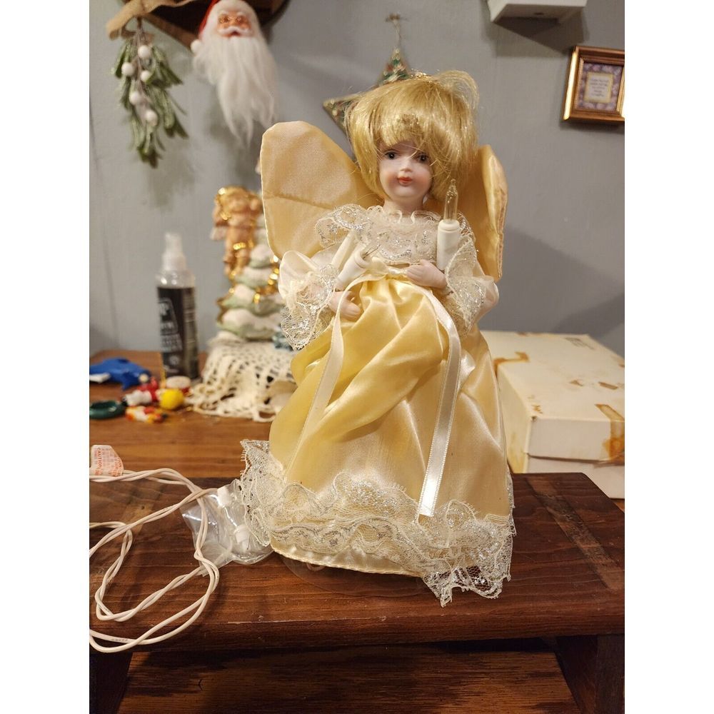 Vintage Kurt‎ S. Adler Angel Tree Topper 9", Laced Gown, Glowing Lights Works